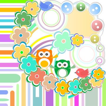 baby boiy card textile stickers of owls and birds in forest