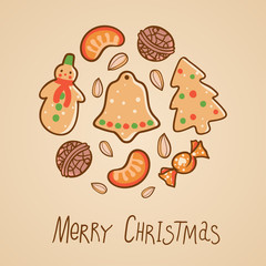 Illustration with Christmas food: cookies, nuts, fruits