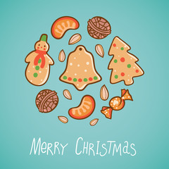 Illustration with Christmas food: cookies, nuts, fruits