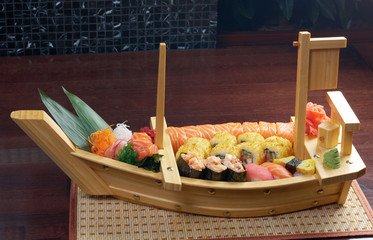 Assorted sushi Japanese food on the ship