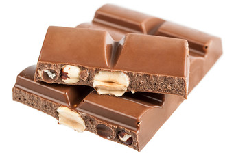 Chocolate bars with nuts isolated on white background