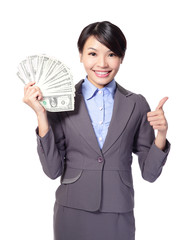 Excited business woman with money