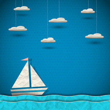 Sailing boat and clouds.Paper-art