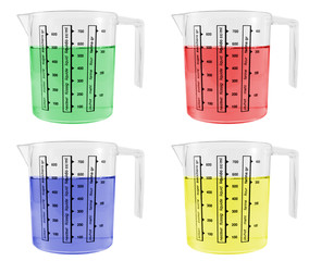 Four Measuring Jugs Full of Coloured Liquids