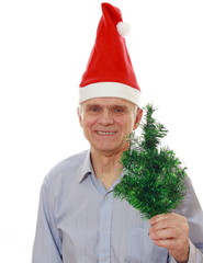 The man in the hat of Santa Claus with Christmas tree