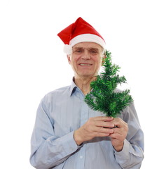 The man in the hat of Santa Claus with Christmas tree