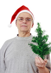 The man in the hat of Santa Claus with Christmas tree