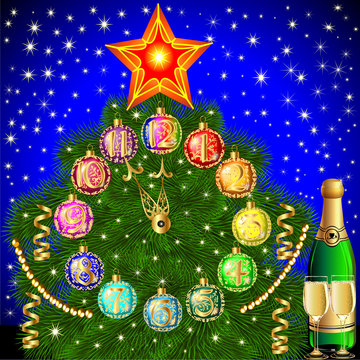 background with Christmas tree balls for hours and champagne