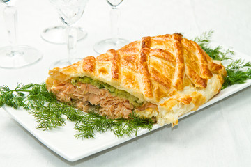 Traditional salmon in puff pastry
