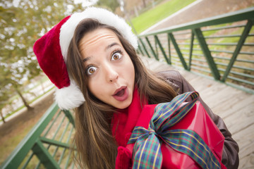 Pretty Woman Wearing a Santa Hat with Wrapped Gift