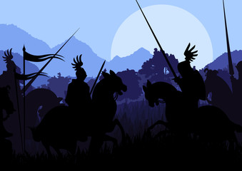 Medieval knight horseman silhouettes