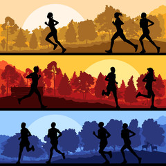 Marathon runners in wild forest nature