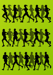Marathon runners detailed active man and woman illustration silh