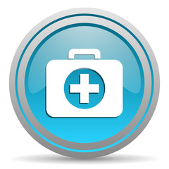 first aid kit blue glossy icon on white background
