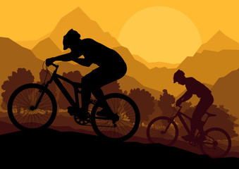 Mountain bike riders in wild forest mountain nature landscape ve