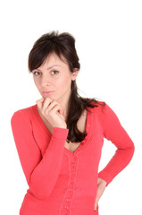 Fototapeta premium Portrait of young smiling female on white background