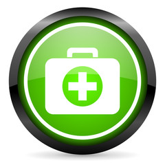 first aid kit green glossy icon on white background