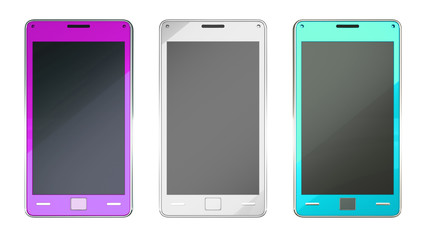 Smart phones in purple grey and turquoise colours isolated