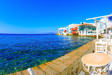 Little Venice panoramic closeup view Mykonos island Greece Cycla