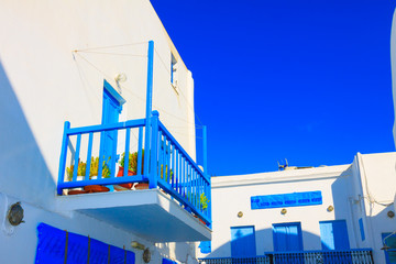 Traditional blue window frames Mykonos island Greece Cyclades © korpithas