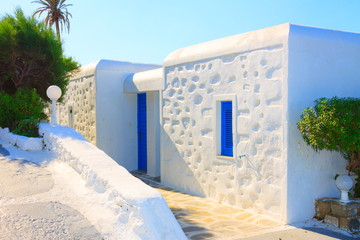 Traditional whitewashed view in Mykonos Island Greece Cyclades © korpithas