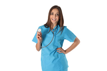 Stetoskop tutan bayan doktor hemşire - obrazy, fototapety, plakaty