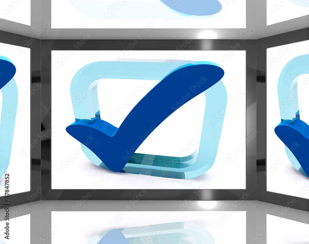 Poster check mark on screen shows product satisfaction