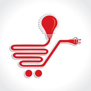 Wired Shopping Cart Icon with Bulb and Plug stock vector