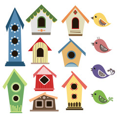 Abstract birdhouse set with birds