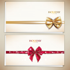 Collection of gift cards and invitations with ribbons. Vector ba
