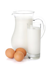 Milk jug, glass and eggs