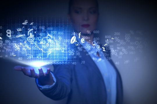 Business woman with financial symbols around