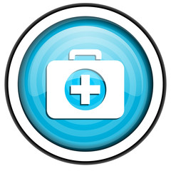 first aid kit blue glossy icon isolated on white background