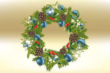 Decorated Christmas wreath on golden background