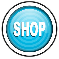 shop blue glossy icon isolated on white background