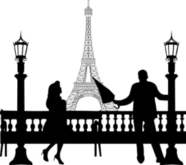 Gordijnen Een jonge man met een paraplu streelt het meisje in Parijs © tinica10