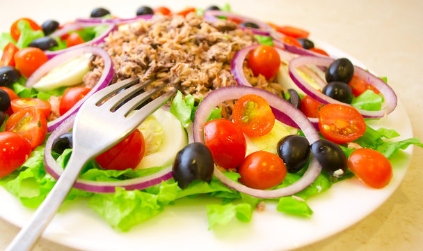 Delicious salad with tuna, tomatoes, eggs, olives and peppers.