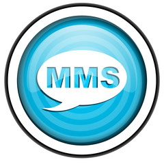mms blue glossy icon isolated on white background
