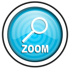 zoom blue glossy icon isolated on white background