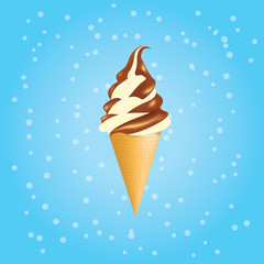 Vanilla and chocolate ice cream in a waffle cone