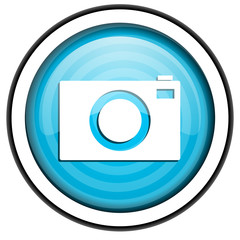 camera blue glossy icon isolated on white background