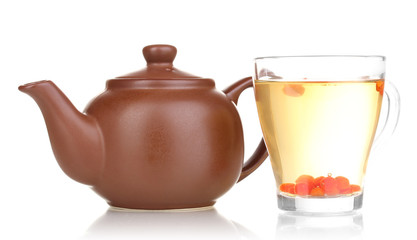 tea with red viburnum isolated on white