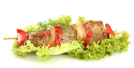 tasty grilled meat and vegetables on skewer, isoalted on white