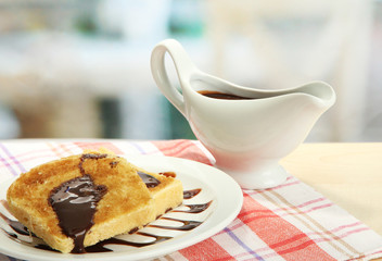 White bread toast with chocolate on plate in cafe