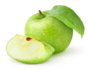 Isolated apple. Whole green apple fruit and a piece isolated on white background