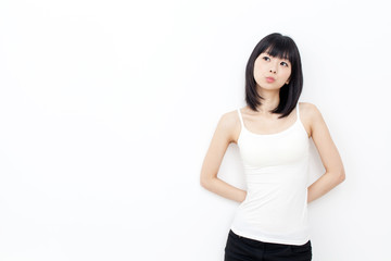 attractive asian woman relxing on white background