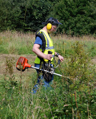 Gardener Cutting Grass With Petrol Strimmer