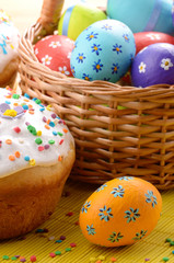 Easter decorations - eggs, cake and basket on the tabletop