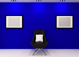 Gallery wall. Modern armchair and empty picture on the wall in d