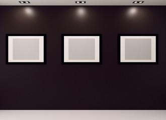 Gallery Interior with empty frames on black wall